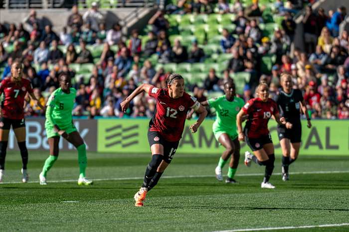 Christine Sinclair pictured (center) during Canada's game against Nigeria at the 2023 Women's World Cup